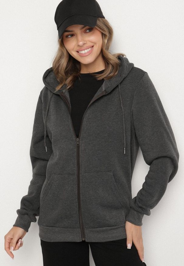 Born2be - Ciemnoszara Rozpinana Bluza z Bawełną i Kapturem Typu Oversize Diosa. Okazja: na co dzień. Kolor: szary. Materiał: bawełna. Sezon: jesień, wiosna. Styl: casual, klasyczny