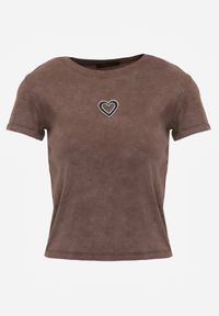 Born2be - Brązowy Bawełniany T-shirt z Cyrkoniowym Sercem Arielin. Okazja: na co dzień. Kolor: brązowy. Materiał: bawełna. Wzór: aplikacja. Styl: casual, klasyczny, sportowy #2
