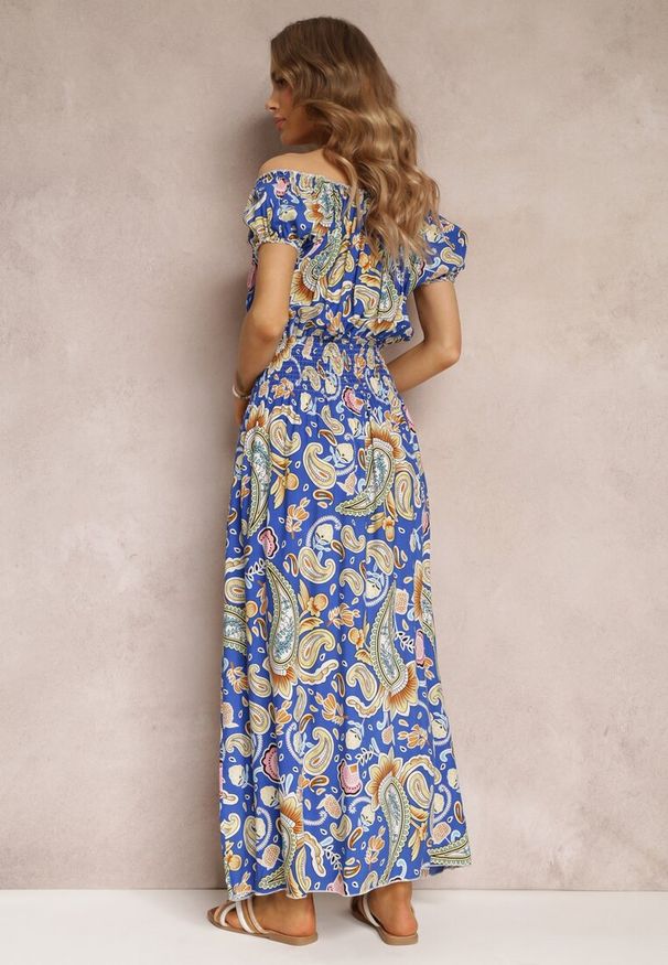 Renee - Niebieska Bawełniana Sukienka Maxi z Hiszpańskim Dekoltem i Cienkimi Gumkami w Talii Alarina. Okazja: na co dzień. Kolor: niebieski. Materiał: bawełna. Typ sukienki: proste. Styl: casual. Długość: maxi