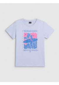 4f - 4F T-shirt regular z nadrukiem damski - niebieski XL. Okazja: na co dzień. Kolor: niebieski. Materiał: materiał, bawełna, dzianina. Wzór: nadruk. Styl: casual #1