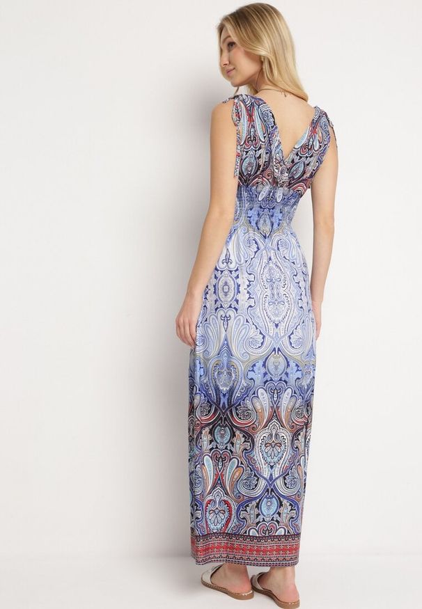 Born2be - Niebieska Sukienka Boho na Lato ze Sznurkami na Ramionach i Gumką w Talii Aharleta. Kolor: niebieski. Sezon: lato. Styl: boho