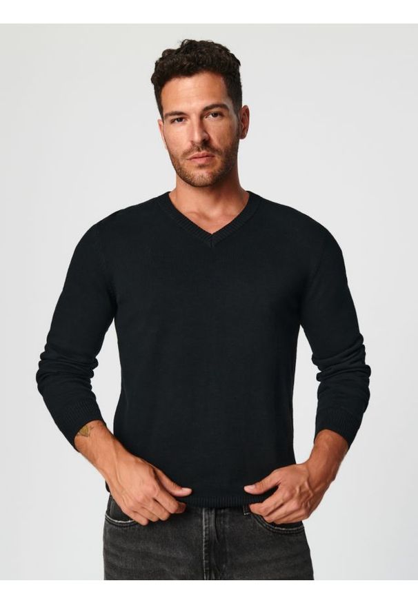 Sinsay - Sweter z dekoltem w serek - czarny. Typ kołnierza: dekolt w serek. Kolor: czarny. Materiał: bawełna