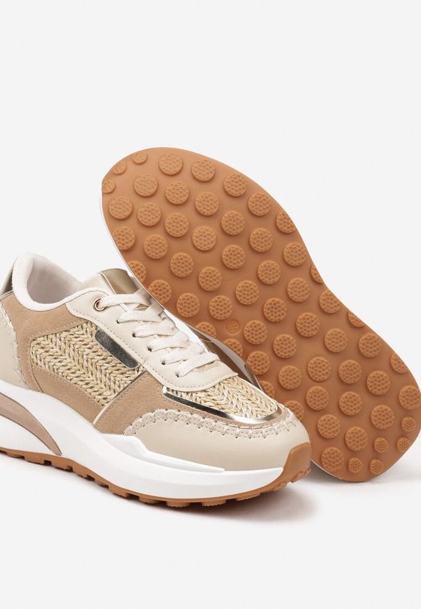 Renee - Ciemnobeżowe Sneakersy na Platformie ze Wstawkami z Plecionki Ninatia. Okazja: na co dzień. Kolor: beżowy. Materiał: jeans. Obcas: na platformie. Wysokość obcasa: średni