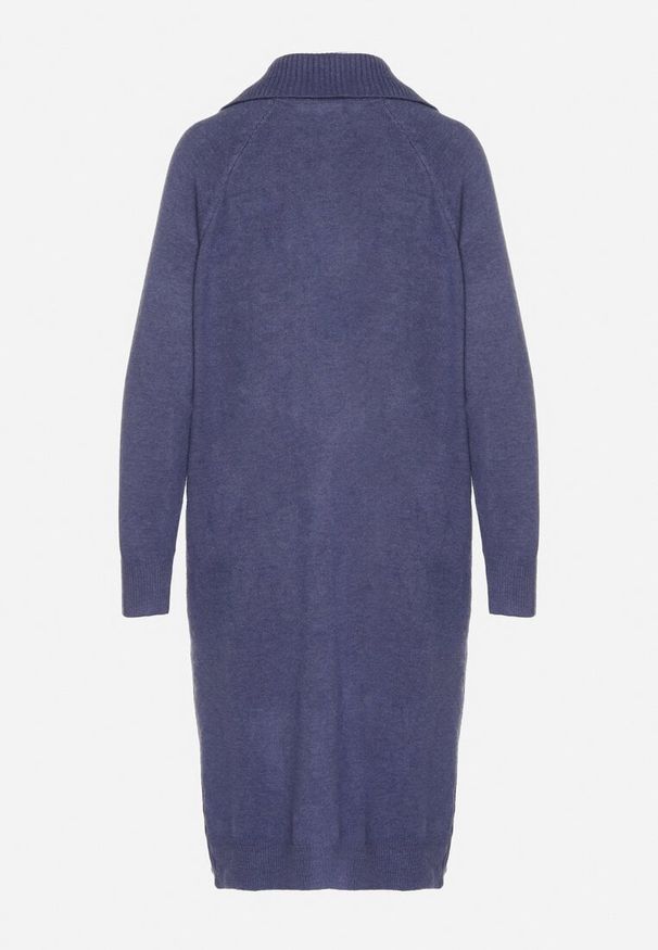 Born2be - Niebieska Sweterkowa Sukienka Pudełkowa z Bawełną i Wełną Ozdobiona Suwakiem Reimia. Okazja: na co dzień. Kolor: niebieski. Materiał: wełna, bawełna. Wzór: aplikacja. Styl: casual, klasyczny