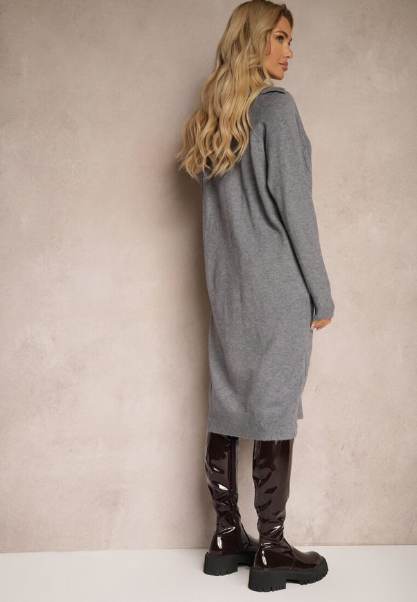 Renee - Szara Sukienka z Wełną i Bawełną Ozdobiona Suwakiem i Kołnierzykiem Leralina. Okazja: na co dzień. Kolor: szary. Materiał: wełna, bawełna. Wzór: aplikacja. Typ sukienki: proste. Styl: casual, klasyczny