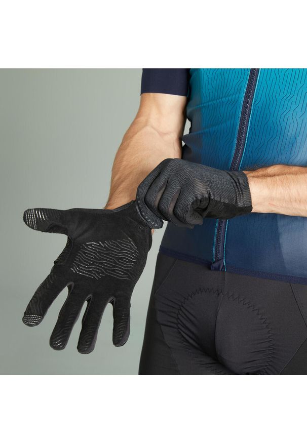 ROCKRIDER - Rękawiczki MTB Race Grip. Kolor: czarny. Materiał: włókno, skóra, materiał. Wzór: paski. Sport: bieganie