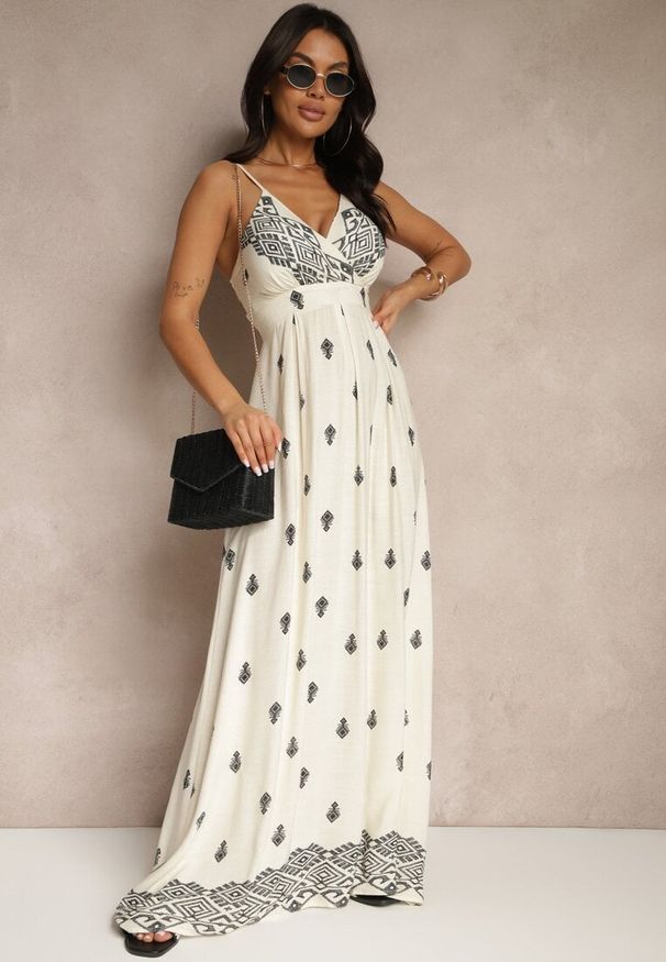 Renee - Kremowo-Czarna Kopertowa Sukienka na Ramiączkach z Bawełny z Wiązanym Paskiem Reveesia. Typ kołnierza: dekolt w serek. Kolor: beżowy. Materiał: bawełna. Długość rękawa: na ramiączkach. Typ sukienki: kopertowe