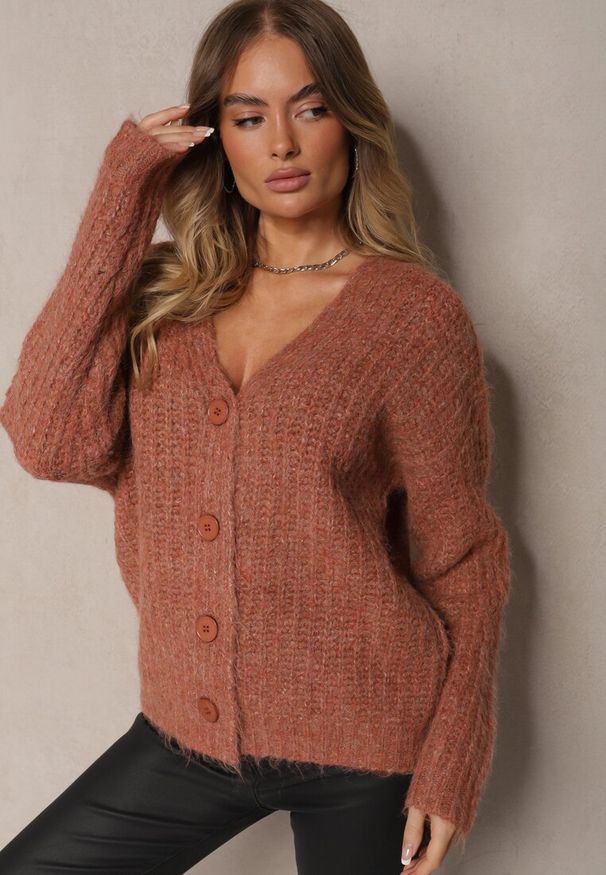 Renee - Brązowy Rozpinany Kardigan z Wełną i Ściągaczami przy Rękawach Ciarella. Okazja: na co dzień. Kolor: brązowy. Materiał: wełna. Styl: casual, elegancki