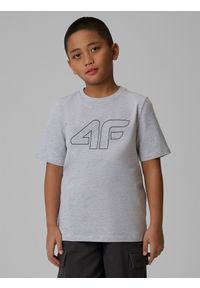 4f - 4F T-shirt regular z nadrukiem chłopięcy - szary 146 (10-11 lat). Okazja: na co dzień, na uczelnię. Kolor: szary. Materiał: bawełna, skóra, materiał. Wzór: nadruk. Sezon: lato. Styl: casual, klasyczny #1