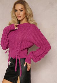 Renee - Ciemnofioletowy Sweter z Ozdobnym Sznurowaniem na Dole i Ściągaczami Miritu. Kolor: fioletowy. Materiał: wiskoza. Wzór: ze splotem #3