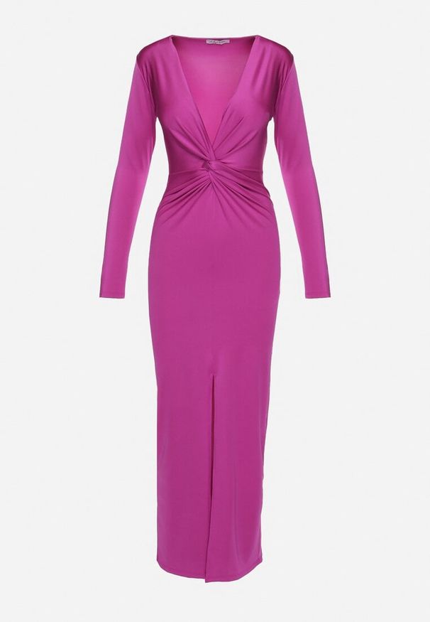 Born2be - Fioletowa Sukienka Koktajlowa z Ozdobnym Supełkiem i Rozcięciem Tefeti. Okazja: na imprezę. Typ kołnierza: dekolt w kształcie V. Kolor: fioletowy. Typ sukienki: dopasowane. Styl: wizytowy