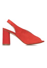 Wittchen - Damskie sandały zamszowe na słupku z gumką czerwone. Zapięcie: pasek. Kolor: czerwony. Materiał: zamsz, skóra. Szerokość cholewki: normalna. Obcas: na słupku. Styl: wizytowy. Wysokość obcasa: średni #8