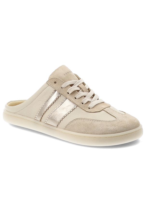 Klapki damskie barefoot Armodo, skórzana cholewka naturalna niska sportowa forma sznurowana konstrukcja z dekoracyjnymi panelami płaska elastyczna po. Okazja: na co dzień. Kolor: beżowy. Materiał: skóra. Styl: sportowy