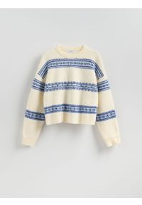 Reserved - Sweter we wzory - niebieski. Kolor: niebieski. Materiał: wełna, dzianina