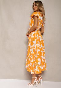 Renee - Pomarańczowa Sukienka z Kopertowym Dekoltem Plisowanym Dołem Wykończona w Talii Paskiem i Gumką Elsavia. Kolor: pomarańczowy. Materiał: tkanina. Sezon: lato. Typ sukienki: kopertowe #5
