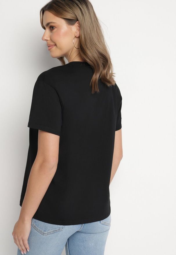 Born2be - Czarny T-shirt z Bawełny Ozdobiony Nadrukiem i Brokatem Marionel. Okazja: na co dzień. Kolor: czarny. Materiał: bawełna. Wzór: nadruk, aplikacja. Styl: casual, klasyczny, elegancki