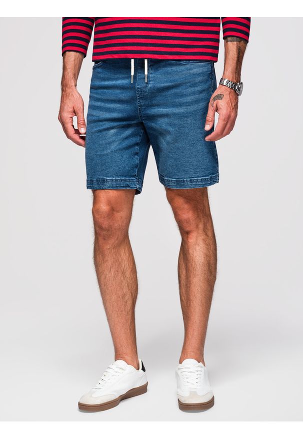 Ombre Clothing - Męskie szorty z gumką w pasie i efektem sprania – niebieskie V2 - Rozmiar: XL. Okazja: na co dzień. Kolor: niebieski. Materiał: denim, materiał, skóra, bawełna, elastan. Sezon: lato. Styl: elegancki, casual