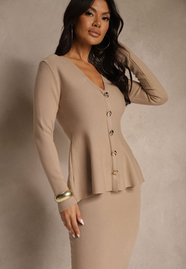 Renee - Beżowy Dzianinowy Komplet z Wiskozą Elegancki Kardigan i Spódnica Unalaia. Kolor: beżowy. Materiał: wiskoza, dzianina