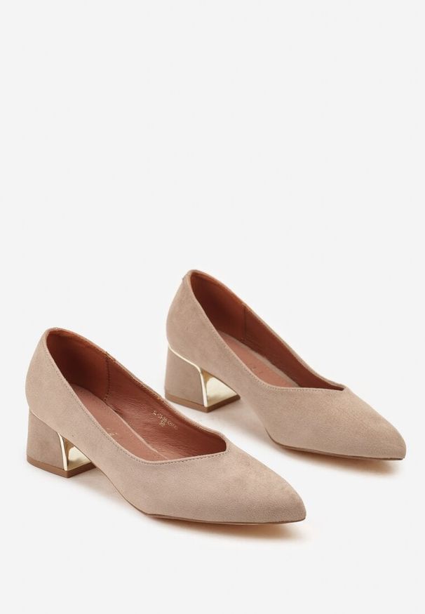 Renee - Ciemnobeżowe Czółenka Vices na Słupku z Wkładką ze Skóry Naturalnej z Metaliczną Ozdobą Mixin. Okazja: do pracy, na spotkanie biznesowe. Kolor: beżowy. Materiał: skóra. Wzór: aplikacja. Obcas: na słupku. Styl: elegancki, biznesowy