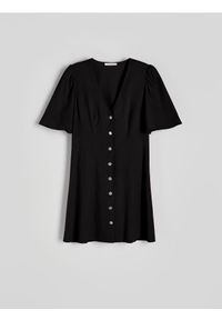 Reserved - Sukienka mini z wiskozą - czarny. Kolor: czarny. Materiał: wiskoza. Długość: mini