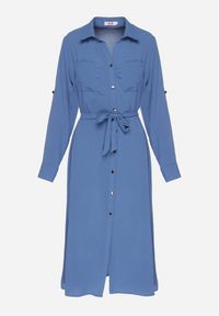 Born2be - Niebieska Koszulowa Sukienka z Materiałowym Paskiem Vivinara. Okazja: na imprezę, na co dzień. Kolor: niebieski. Materiał: materiał. Typ sukienki: koszulowe. Styl: elegancki, casual #2