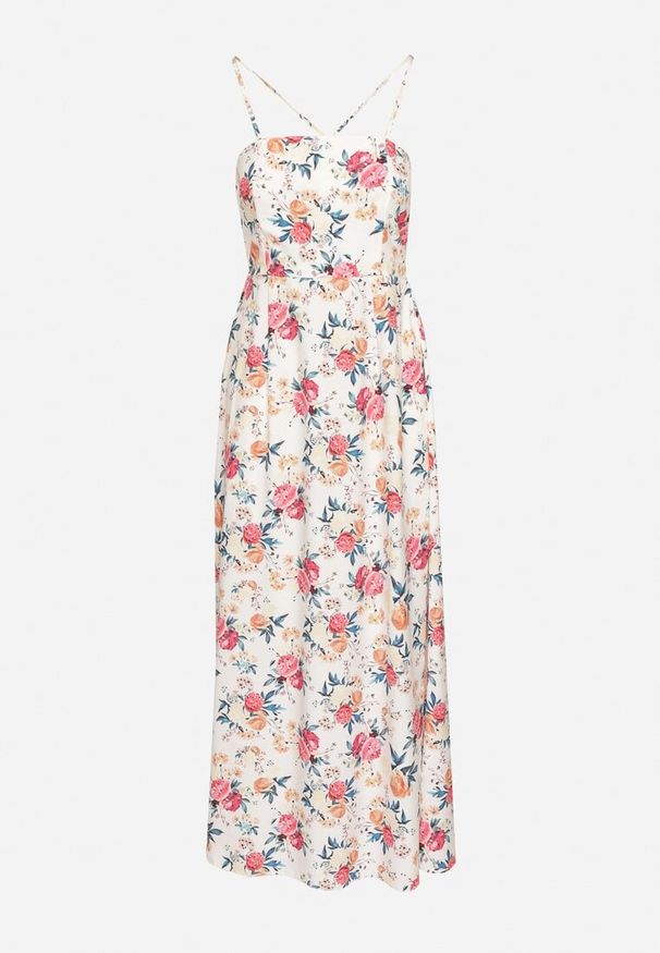 Born2be - Różowa Sukienka z Wiskozą o Rozkloszowanym Kroju w Kwiaty Nalorene. Okazja: na co dzień. Typ kołnierza: dekolt kwadratowy. Kolor: różowy. Materiał: wiskoza. Długość rękawa: na ramiączkach. Wzór: kwiaty. Typ sukienki: rozkloszowane. Styl: elegancki, casual