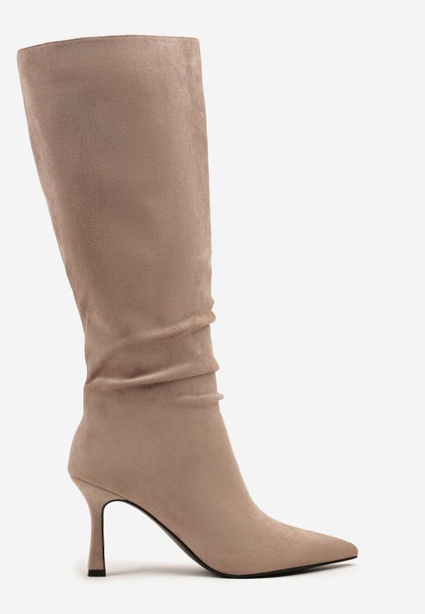 Renee - Ciemnobeżowe Kozaki na Szpilce o Geometrycznym Kształcie Latonelle. Okazja: na co dzień. Kolor: beżowy. Wzór: geometria. Obcas: na szpilce. Styl: elegancki, casual