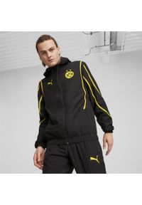 Puma - Męska kurtka przedmeczowa z tkaniny Borussia Dortmund PUMA Black Faster Yellow. Kolor: czarny, żółty, wielokolorowy. Materiał: tkanina