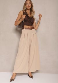 Renee - Beżowe Spodnie o Szerokim Kroju High Waist Ozdobione Paskiem Rasalle. Okazja: na co dzień. Stan: podwyższony. Kolor: beżowy. Wzór: aplikacja. Styl: casual, elegancki