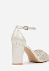 Born2be - Złote Czółenka na Obcasie Ozdobione Brokatem i Cyrkoniami Prisnara. Okazja: na co dzień. Zapięcie: sprzączka. Kolor: złoty. Materiał: jeans. Wzór: aplikacja. Obcas: na obcasie. Styl: klasyczny, casual, elegancki. Wysokość obcasa: średni #8