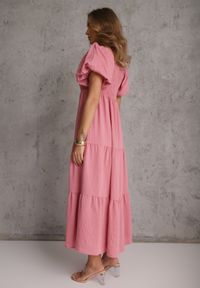 Renee - Różowa Sukienka z Wiskozy o Rozkloszowanym Kroju z Bufiastymi Rękawkami Rosena. Kolor: różowy. Materiał: wiskoza. Długość rękawa: krótki rękaw. Sezon: lato. Typ sukienki: rozkloszowane. Długość: maxi #4