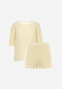 Born2be - Żółty Komplet Bawełniany z Dzianiny Szorty i T-shirt o Luźnym Kroju w Paski Proseltte. Kolor: żółty. Materiał: bawełna, dzianina. Wzór: paski #4