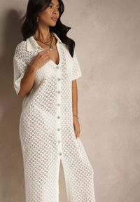 Renee - Jasnobeżowa Koszulowa Sukienka z Bawełną z Siateczki Folesia. Okazja: na co dzień. Kolor: beżowy. Materiał: bawełna. Sezon: lato. Typ sukienki: koszulowe. Styl: boho, elegancki, casual
