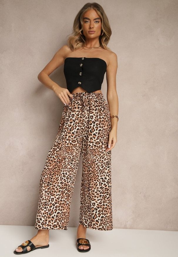 Renee - Beżowo-Brązowe Spodnie Wide Leg z Gumką w Talii w Panterkowy Wzór Filanira. Okazja: na co dzień. Kolor: czarny. Styl: casual, elegancki