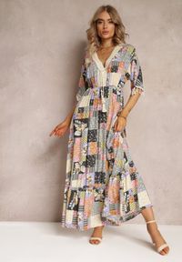 Renee - Szaro-Czarna Rozkloszowana Sukienka Maxi z Falbanką w Patchworkowy Wzór Fiorella. Kolor: szary. Materiał: bawełna, tkanina. Wzór: aplikacja. Długość: maxi #5