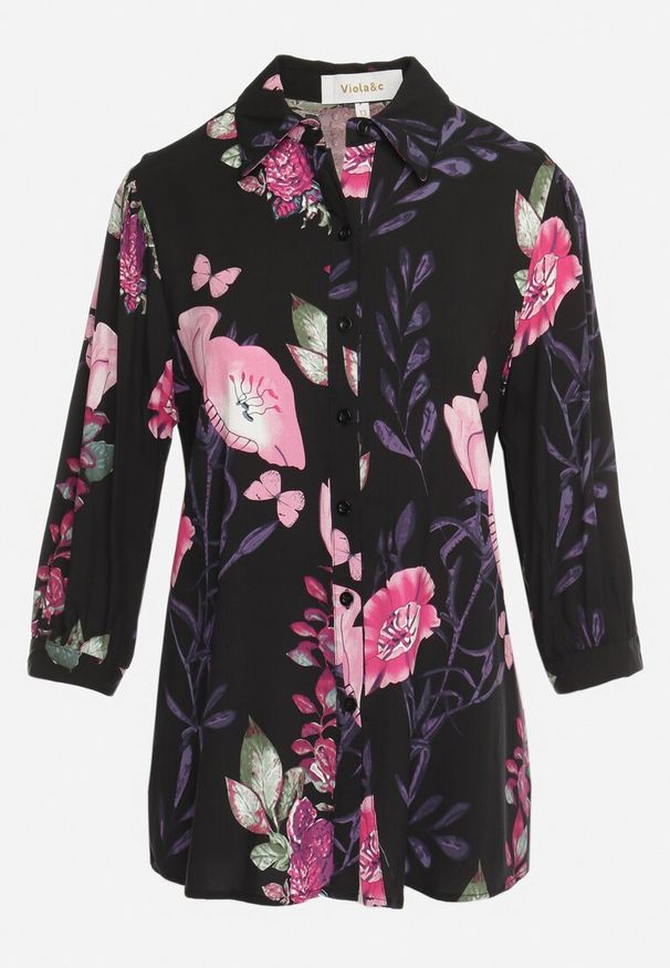 Born2be - Czarno-Różowa Koszula z Wiskozy w Kwiatowy Wzór Cerilna. Okazja: na co dzień. Kolor: czarny. Materiał: wiskoza. Wzór: kwiaty. Styl: casual