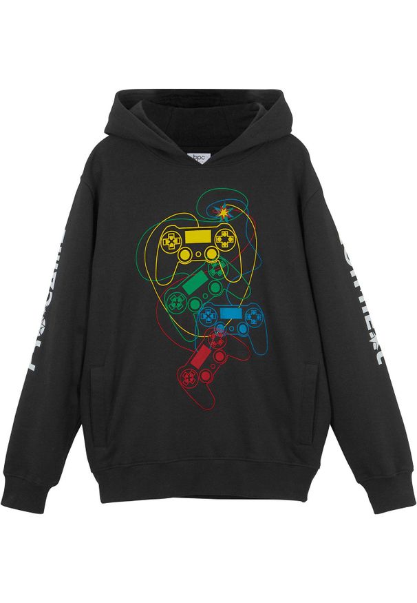 bonprix - Bluza z kapturem z czystej bawełny organicznej. Typ kołnierza: kaptur. Kolor: czarny. Materiał: bawełna. Wzór: nadruk