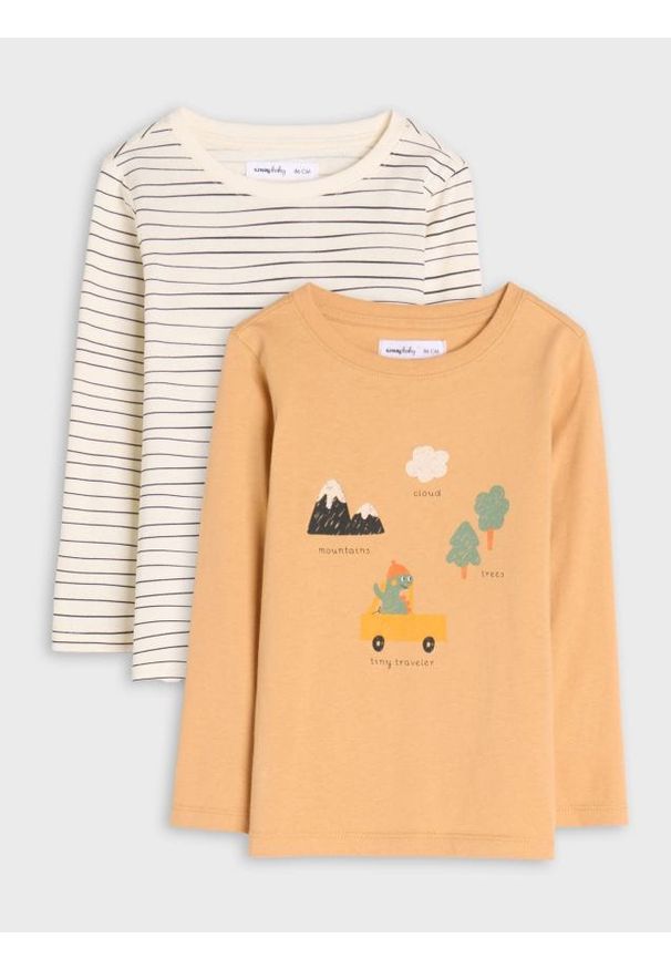 Sinsay - Koszulki 2 pack - beżowy. Kolor: beżowy. Materiał: bawełna. Długość rękawa: długi rękaw. Długość: długie. Wzór: nadruk