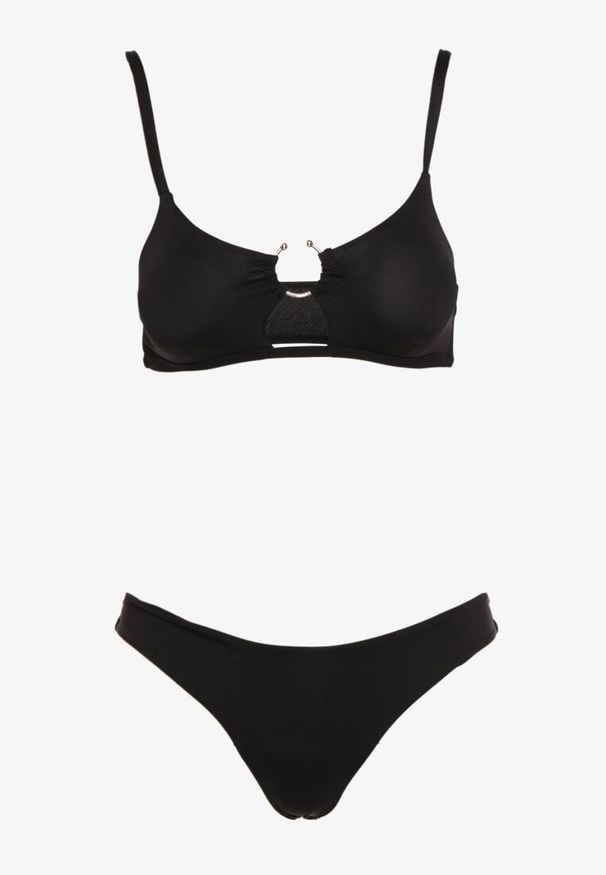 Born2be - Czarne Dwuczęściowe Bikini Usztywniany Biustonosz Zakładany przez Głowę z Ozdobną Klamerką Dół z Gumką w Pasie Jeanmarie. Kolor: czarny. Wzór: aplikacja