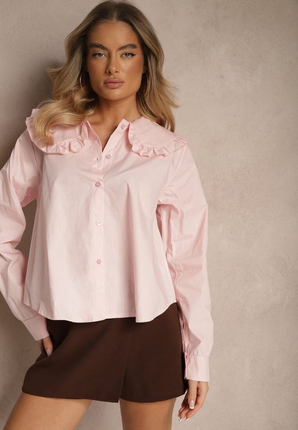 Renee - Różowa Bawełniana Koszula z Ozdobnym Kołnierzykiem Rulinea. Okazja: na co dzień. Kolor: różowy. Materiał: bawełna. Styl: elegancki, casual