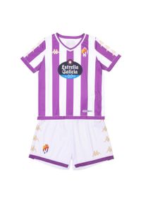 Kappa - Dziecięcy zestaw domowy Real Valladolid Kombat 2023/24. Okazja: do domu. Kolor: fioletowy, biały, wielokolorowy. Materiał: dresówka. Styl: sportowy