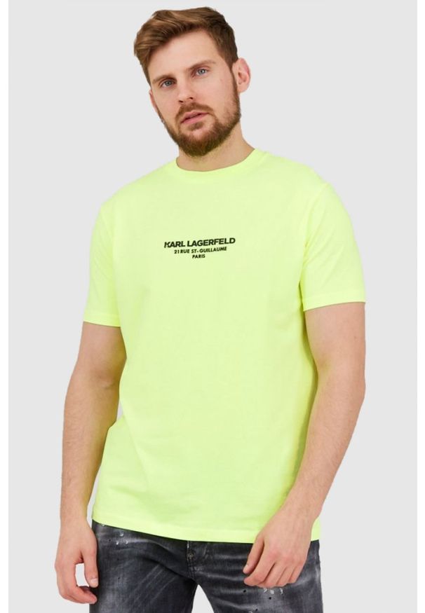 Karl Lagerfeld - KARL LAGERFELD Neonowy t-shirt męski z wypukłym logo, Rozmiar S. Typ kołnierza: dekolt w karo. Kolor: żółty. Materiał: prążkowany. Wzór: aplikacja