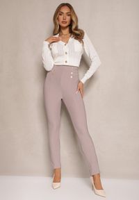 Renee - Jasnobeżowe Legginsy Bawełniane High Waist Ozdobione Guzikami Liorvia. Stan: podwyższony. Kolor: beżowy. Materiał: bawełna. Wzór: aplikacja
