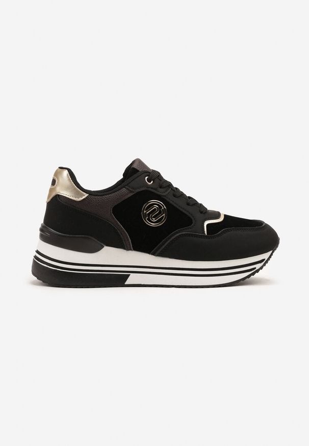Renee - Czarne Sneakersy na Platformie z Metaliczną Ozdobą Roniane. Okazja: na co dzień. Kolor: czarny. Materiał: jeans. Wzór: aplikacja. Obcas: na platformie