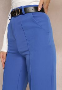 Renee - Granatowe Szerokie Spodnie z Wysokim Stanem i Paskiem z Ozdobną Klamrą Lilura. Stan: podwyższony. Kolor: niebieski