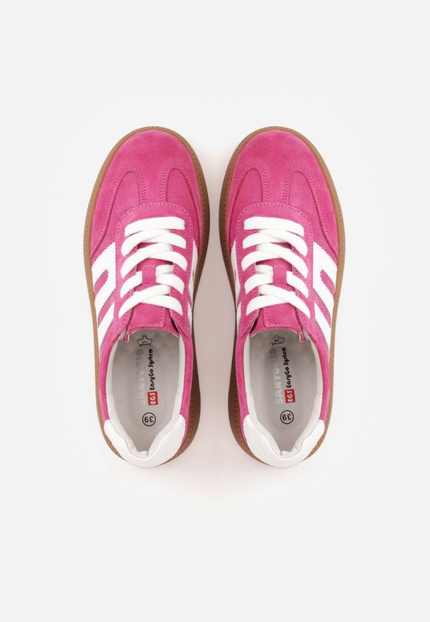 Born2be - Fuksjowe Skórzane Sneakersy na Kauczukowej Podeszwie z Geometrycznym Motywem Shytyse. Kolor: różowy. Materiał: kauczuk, skóra. Wzór: geometria