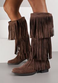 Renee - Brązowe Kozaki w Stylu Boho z Frędzlami Funama. Kolor: brązowy. Materiał: jeans. Styl: boho #4