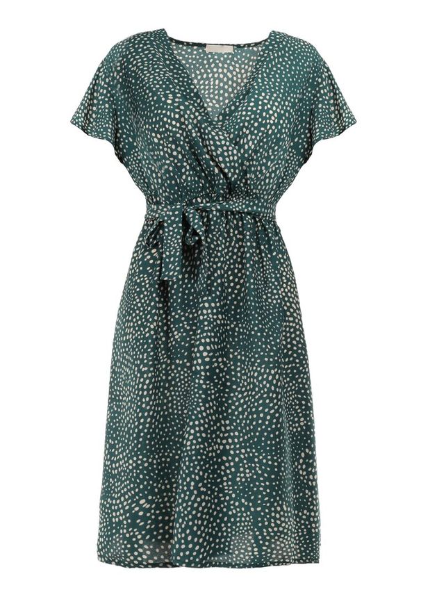 Born2be - Zielona Sukienka Kepherine. Kolor: zielony. Materiał: tkanina, materiał. Wzór: kropki. Typ sukienki: kopertowe. Długość: mini