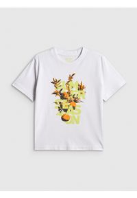 4f - 4F T-shirt boxy z nadrukiem damski - biały L. Okazja: na co dzień. Kolor: biały. Materiał: dzianina, bawełna, materiał. Wzór: nadruk. Styl: casual #1