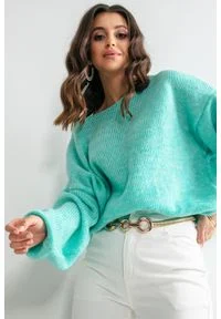 Fobya - Luźny Sweter z Szerokimi Rękawami - Zielony. Kolor: zielony. Materiał: wełna, poliester, akryl, poliamid #1